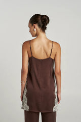 Florence Shirt Top Espresso by Summi Summi – relaxed cupro rayon camisole with cream lace trim and adjustable straps.