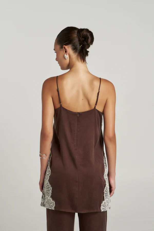Florence Shirt Top Espresso by Summi Summi – relaxed cupro rayon camisole with cream lace trim and adjustable straps.