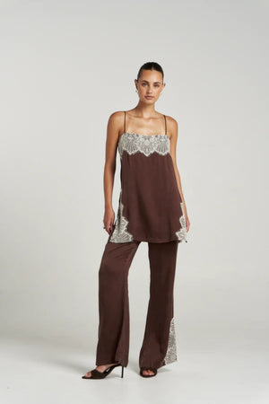 Florence Shirt Top Espresso by Summi Summi – relaxed cupro rayon camisole with cream lace trim and adjustable straps.