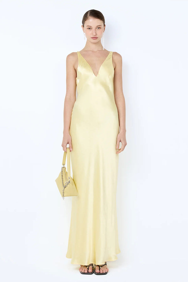 Florence V Neck Maxi Dress in Citron by Bec + Bridge, a bias-cut viscose maxi with plunge back and vibrant yellow finish.