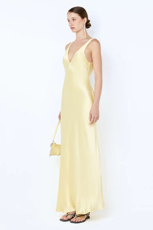 Florence V Neck Maxi Dress in Citron by Bec + Bridge, a bias-cut viscose maxi with plunge back and vibrant yellow finish.