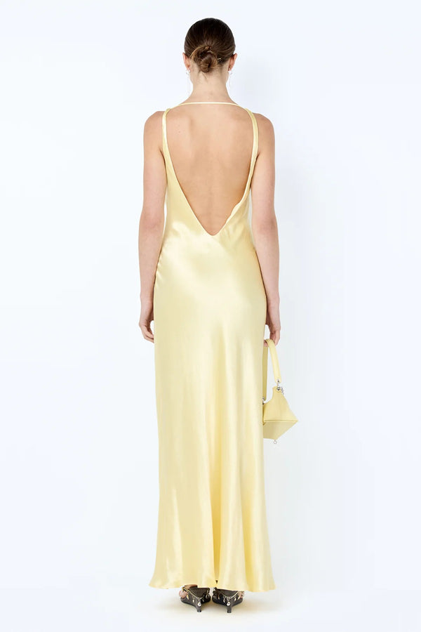 Florence V Neck Maxi Dress in Citron by Bec + Bridge, a bias-cut viscose maxi with plunge back and vibrant yellow finish.