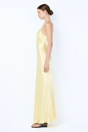 Florence V Neck Maxi Dress in Citron by Bec + Bridge, a bias-cut viscose maxi with plunge back and vibrant yellow finish.