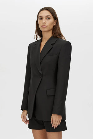 Floret Blazer by Camilla and Marc, a fitted black wool-blend blazer with shoulder pads, fabric-covered buttons and a tailored silhouette.