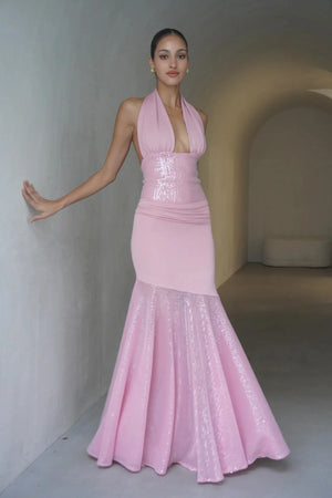 Florian Dress Pink by Deconduarte, sequin jersey mini with corset waist and circle hem, a trendy piece perfect for parties, date nights or viral events.