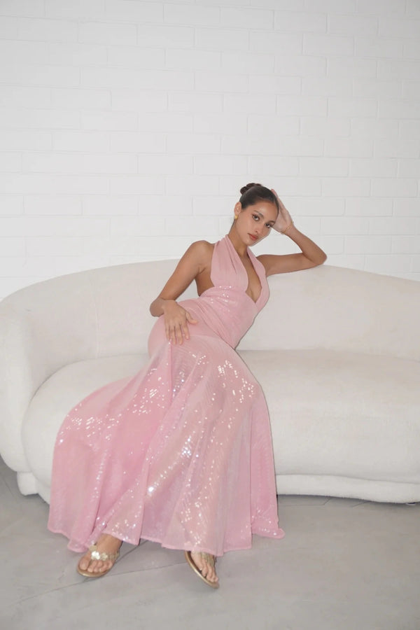 Florian Dress Pink by Deconduarte, sequin jersey mini with corset waist and circle hem, a trendy piece perfect for parties, date nights or viral events.