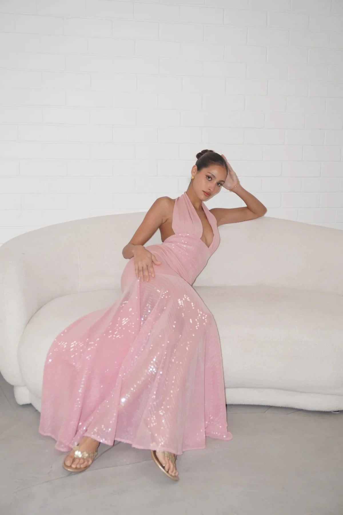 Florian Dress Pink by Deconduarte, sequin jersey mini with corset waist and circle hem, a trendy piece perfect for parties, date nights or viral events.