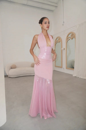 Florian Dress Pink by Deconduarte, sequin jersey mini with corset waist and circle hem, a trendy piece perfect for parties, date nights or viral events.