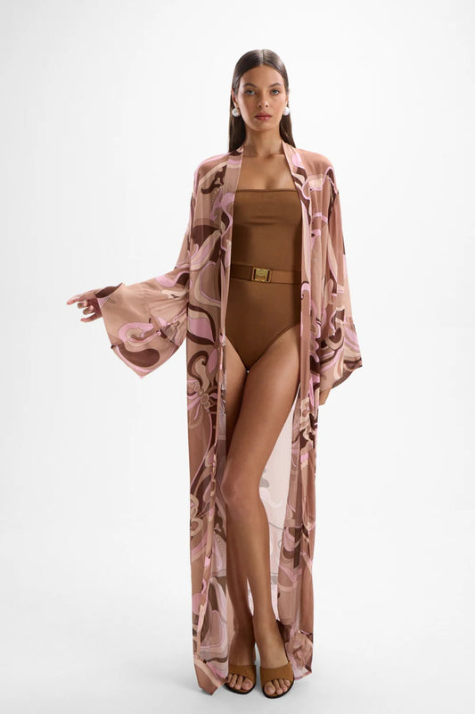 Fortune Robe Deco Mocha by Cin Cin – floor length kimono robe dress in soft mocha pink printed viscose.