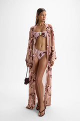 Fortune Robe Deco Mocha by Cin Cin – floor length kimono robe dress in soft mocha pink printed viscose.