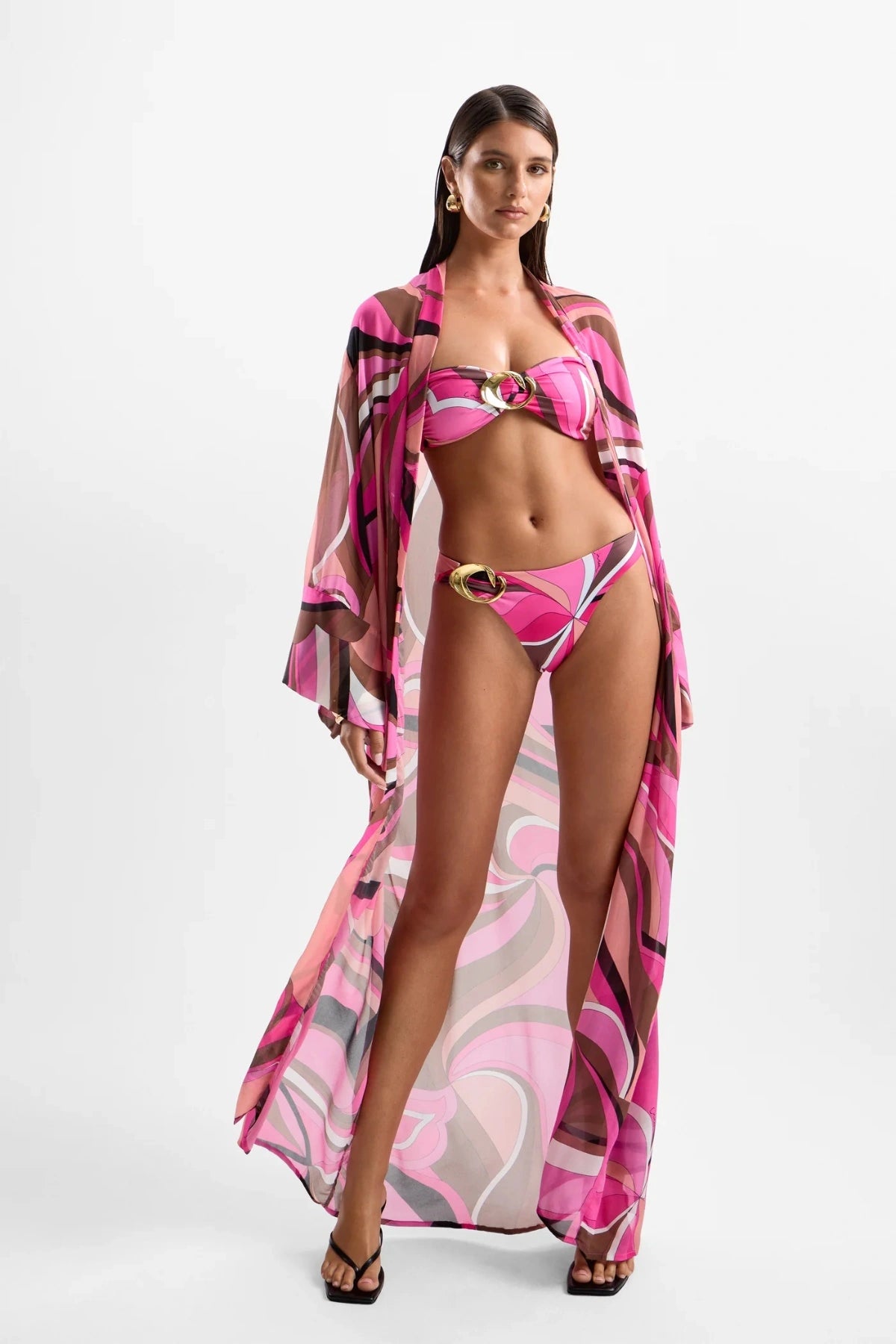 ‘Fortune’ Robe Dolce Pink by Cin Cin – floor-length kimono robe with sash belt in berry and brown swirl viscose print.
