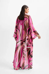 ‘Fortune’ Robe Dolce Pink by Cin Cin – floor-length kimono robe with sash belt in berry and brown swirl viscose print.
