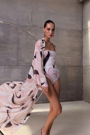 Fortune Robe by Cin Cin, kimono-style Mars Beige maxi with sash belt and luxe fluid drape. Perfect as a layering or lounge piece.