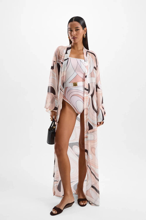 Fortune Robe by Cin Cin, kimono-style Mars Beige maxi with sash belt and luxe fluid drape. Perfect as a layering or lounge piece.