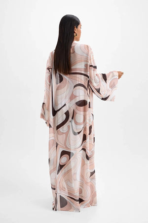 Fortune Robe by Cin Cin, kimono-style Mars Beige maxi with sash belt and luxe fluid drape. Perfect as a layering or lounge piece.