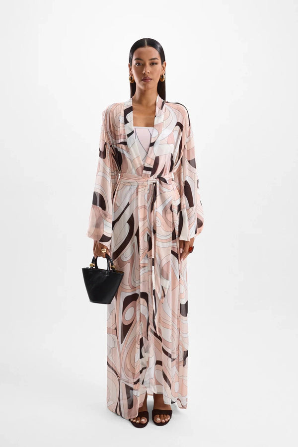 Fortune Robe by Cin Cin, kimono-style Mars Beige maxi with sash belt and luxe fluid drape. Perfect as a layering or lounge piece.