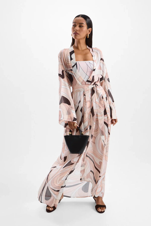 Fortune Robe by Cin Cin, kimono-style Mars Beige maxi with sash belt and luxe fluid drape. Perfect as a layering or lounge piece.