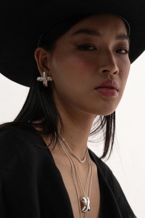 Frances Earrings Silver by Mountain and Moon, oversized hammered cross studs with silver plating, a bold trendy piece perfect for statement elegance.