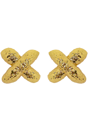 Frances Earrings in Gold by Mountain and Moon, bold hammered cross stud earrings in 18K gold plating. Perfect for statement styling day or night.