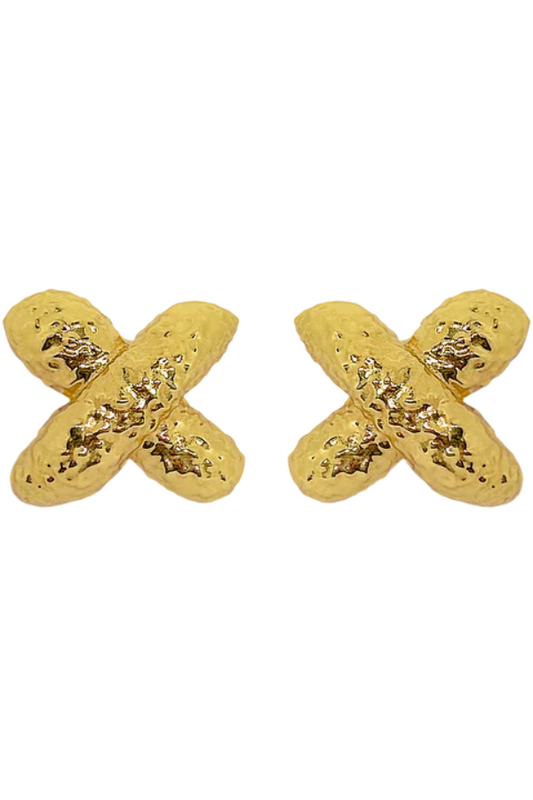 Frances Earrings in Gold by Mountain and Moon, bold hammered cross stud earrings in 18K gold plating. Perfect for statement styling day or night.