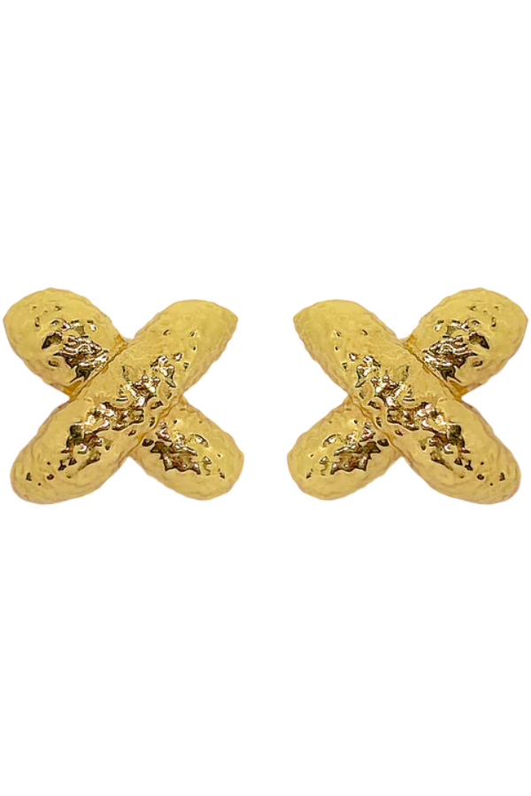 Frances Earrings in Gold by Mountain and Moon, bold hammered cross stud earrings in 18K gold plating. Perfect for statement styling day or night.