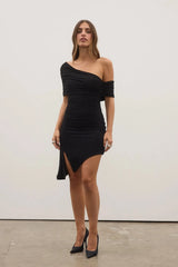 Franceska Dress in Shadow by Bayse, a sculpted one-shoulder dress with soft ruching and an asymmetric hem for modern evenings.