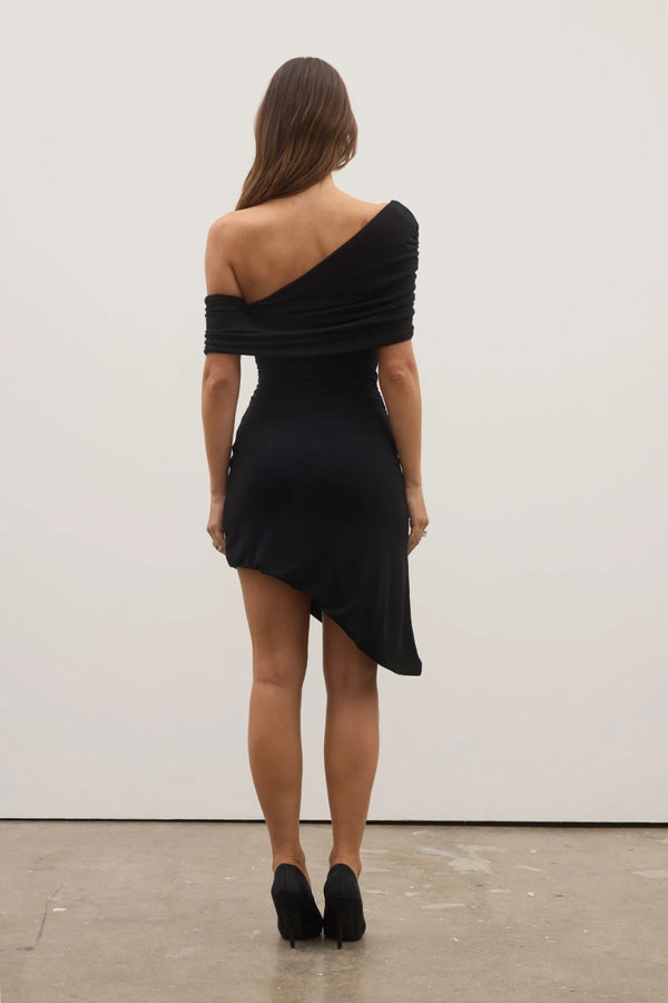 Franceska Dress in Shadow by Bayse, a sculpted one-shoulder dress with soft ruching and an asymmetric hem for modern evenings.