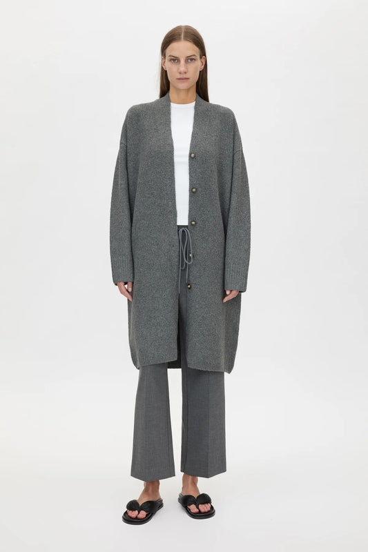 Francis Long Knit Cardigan Charcoal Melange by Camilla and Marc - long knit cardigan with button front and pockets, designed for a relaxed layered look.