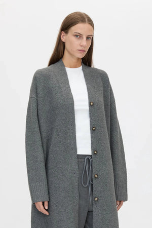 Francis Long Knit Cardigan Charcoal Melange by Camilla and Marc - long knit cardigan with button front and pockets, designed for a relaxed layered look.