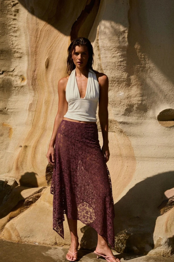 Frenchie Midi Skirt Chocolate by Summi Summi – chocolate lace midi skirt with flattering silhouette for elevated event styling.