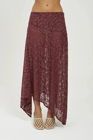 Frenchie Midi Skirt Chocolate by Summi Summi – chocolate lace midi skirt with flattering silhouette for elevated event styling.