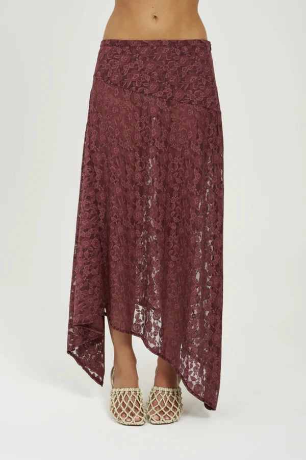 Frenchie Midi Skirt Chocolate by Summi Summi – chocolate lace midi skirt with flattering silhouette for elevated event styling.