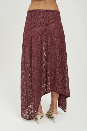 Frenchie Midi Skirt Chocolate by Summi Summi – chocolate lace midi skirt with flattering silhouette for elevated event styling.