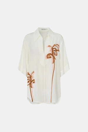 Frida Shirt Cream Frida Print by Camilla and Marc, lightweight silk top with curved hem, hook-and-eye front and modern print.