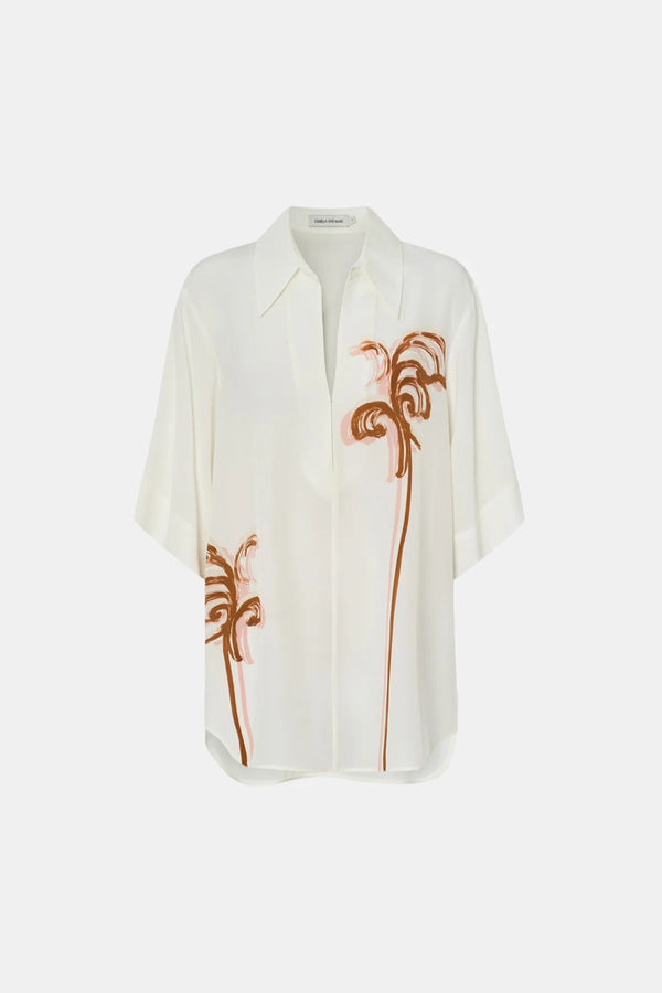 Frida Shirt Cream Frida Print by Camilla and Marc, lightweight silk top with curved hem, hook-and-eye front and modern print.