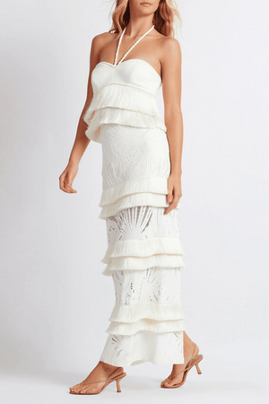 Fringe Trim Lace Maxi Skirt Ivory by PatBo, lace maxi skirt with fringe trim and high waist fit. Perfect for events or statement looks.