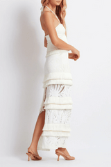 Fringe Trim Lace Maxi Skirt Ivory by PatBo, lace maxi skirt with fringe trim and high waist fit. Perfect for events or statement looks.