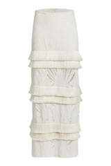 Fringe Trim Lace Maxi Skirt Ivory by PatBo, lace maxi skirt with fringe trim and high waist fit. Perfect for events or statement looks.