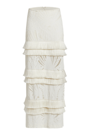 Fringe Trim Lace Maxi Skirt Ivory by PatBo, lace maxi skirt with fringe trim and high waist fit. Perfect for events or statement looks.