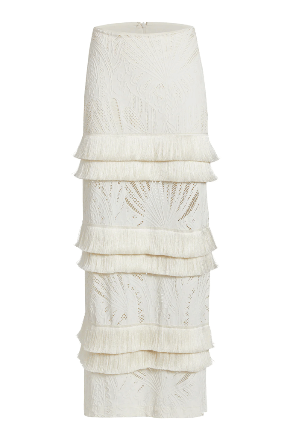 Fringe Trim Lace Maxi Skirt Ivory by PatBo, lace maxi skirt with fringe trim and high waist fit. Perfect for events or statement looks.