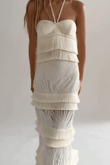 Fringe Trim Lace Maxi Skirt Ivory by PatBo, lace maxi skirt with fringe trim and high waist fit. Perfect for events or statement looks.