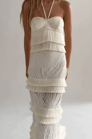 Fringe Trim Lace Maxi Skirt Ivory by PatBo, lace maxi skirt with fringe trim and high waist fit. Perfect for events or statement looks.