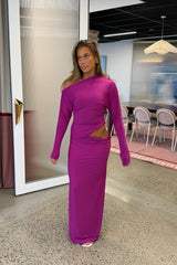 Fuchsia Maxi Dress by Benni, off shoulder jersey gown with twist waist, perfect for events or evening styling