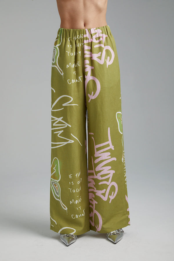 Summi Summi | Linen Pants Graffiti Butterfly Khaki | Girls with Gems