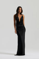 Gabi Gown in Black by Natalie Rolt, handcrafted in Australia from 100% silk with an asymmetric drape and open back for timeless elegance.