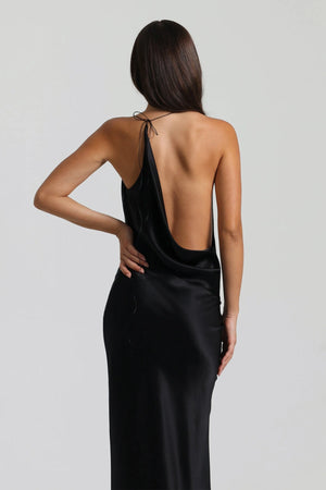 Gabi Gown in Black by Natalie Rolt, handcrafted in Australia from 100% silk with an asymmetric drape and open back for timeless elegance.