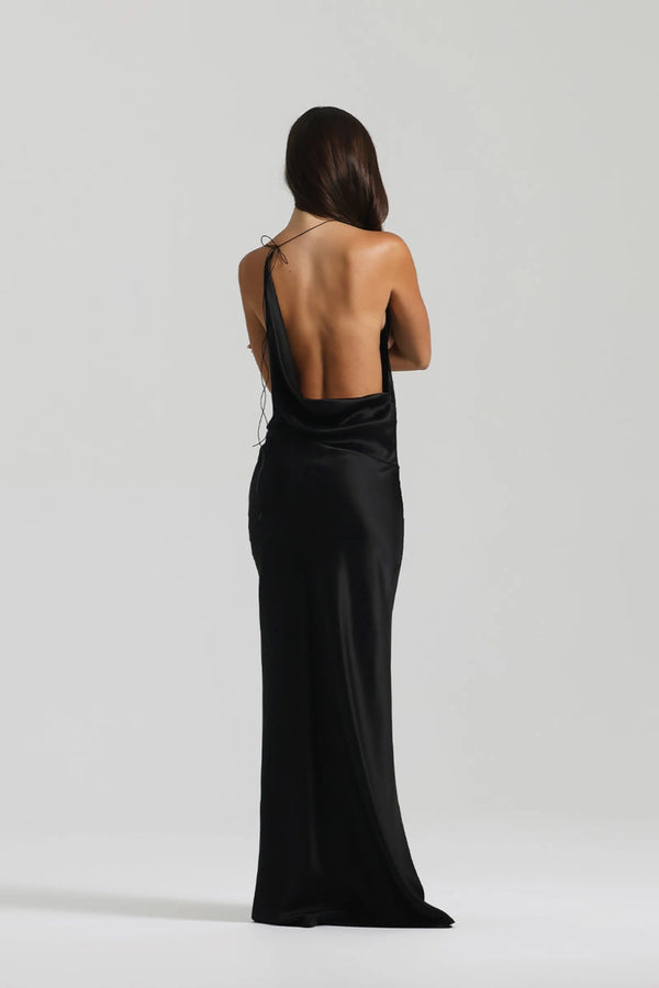Gabi Gown in Black by Natalie Rolt, handcrafted in Australia from 100% silk with an asymmetric drape and open back for timeless elegance.