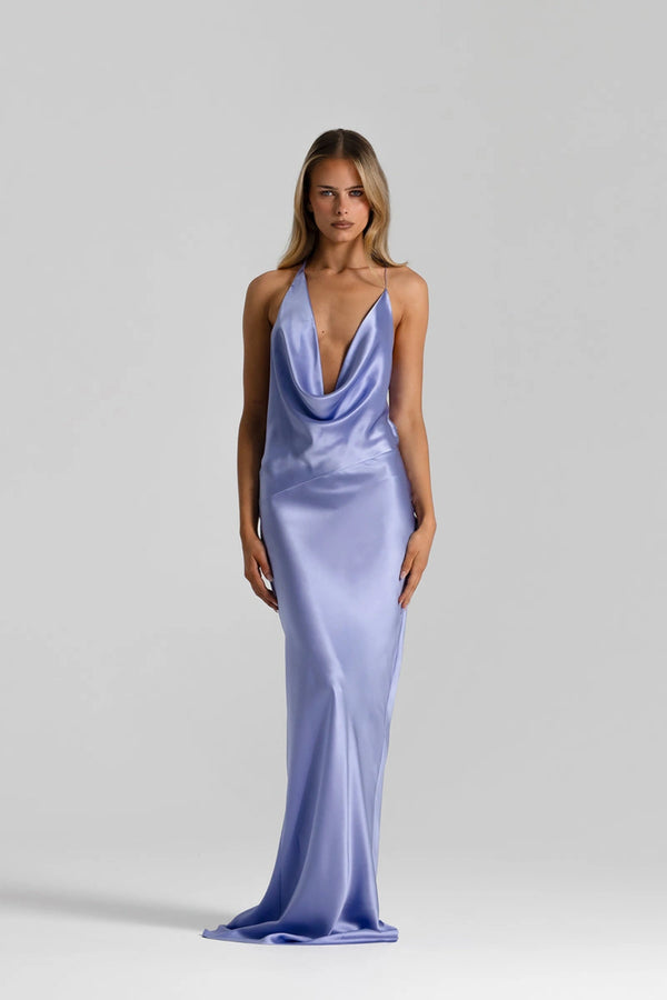 Gabi Gown in Bluebell by Natalie Rolt, handcrafted in Australia from 100% silk with a draped neckline, open back, and elegant asymmetric silhouette.