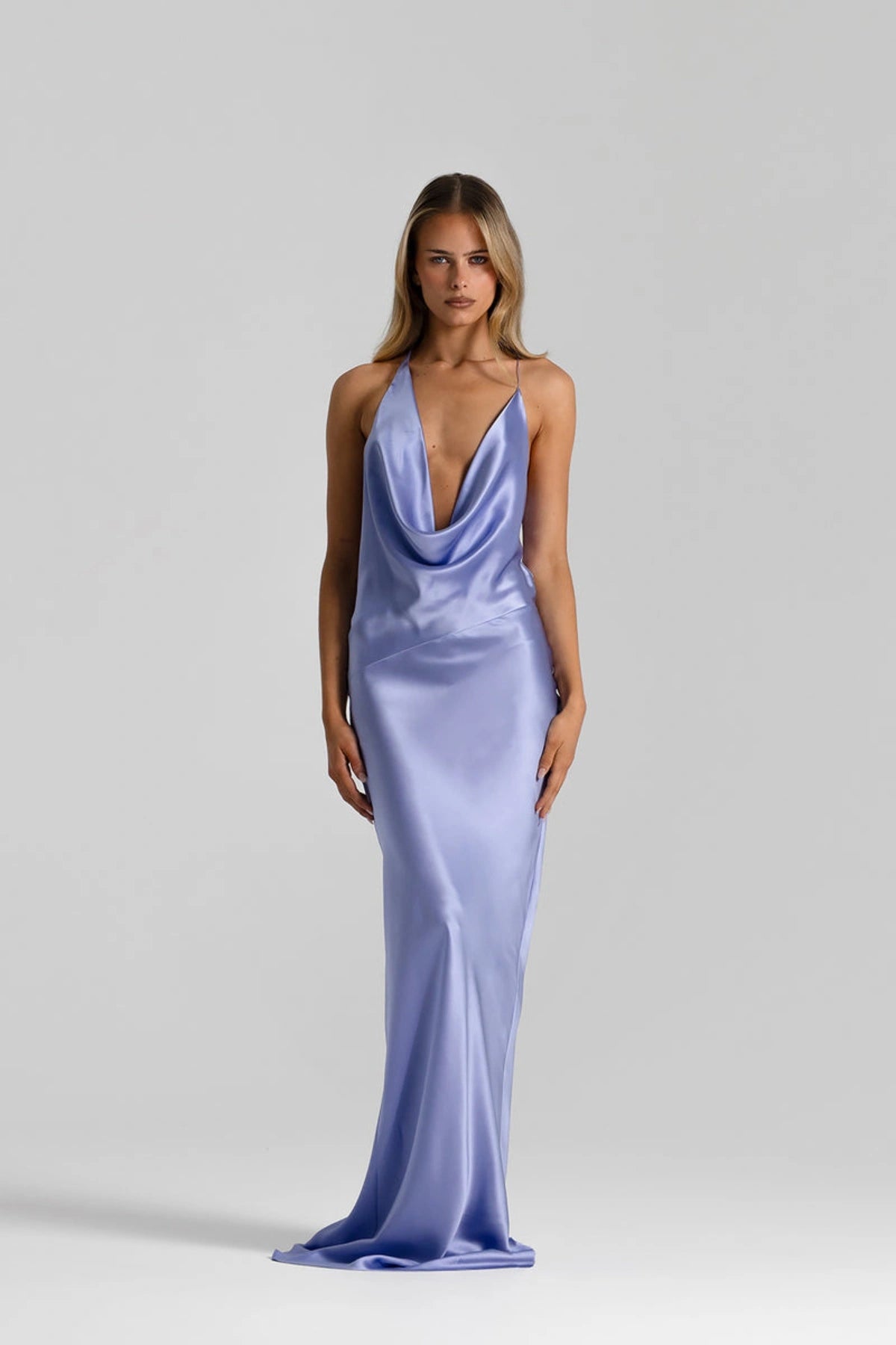 Gabi Gown in Bluebell by Natalie Rolt, handcrafted in Australia from 100% silk with a draped neckline, open back, and elegant asymmetric silhouette.