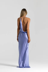 Gabi Gown in Bluebell by Natalie Rolt, handcrafted in Australia from 100% silk with a draped neckline, open back, and elegant asymmetric silhouette.